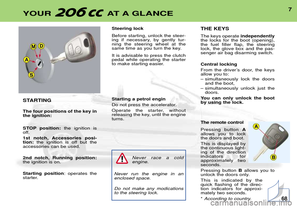 Peugeot 206 CC Dag 2001.5  Owners Manual 7YOUR AT A GLANCE
STARTING The four positions of the key in the ignition: 
STOP position:the ignition is
off. 
1st notch, Accessories posi- tion: the ignition is off but the
accessories can be used. 2