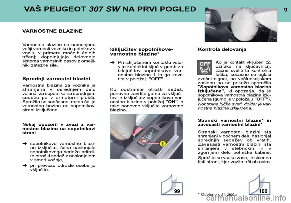 Peugeot 307 SW 2002  Priročnik za lastnika (in Slovenian) 9
VAŠ PEUGEOT  307 SWNA PRVI POGLED
VARNOSTNE BLAZINE 
Varnostne  blazine  so  namenjene 
večji varnosti voznika in potnikov v
vozilu  v  primeru  močnih  čelnih
trčenj;  dopolnjujejo  delovanje
