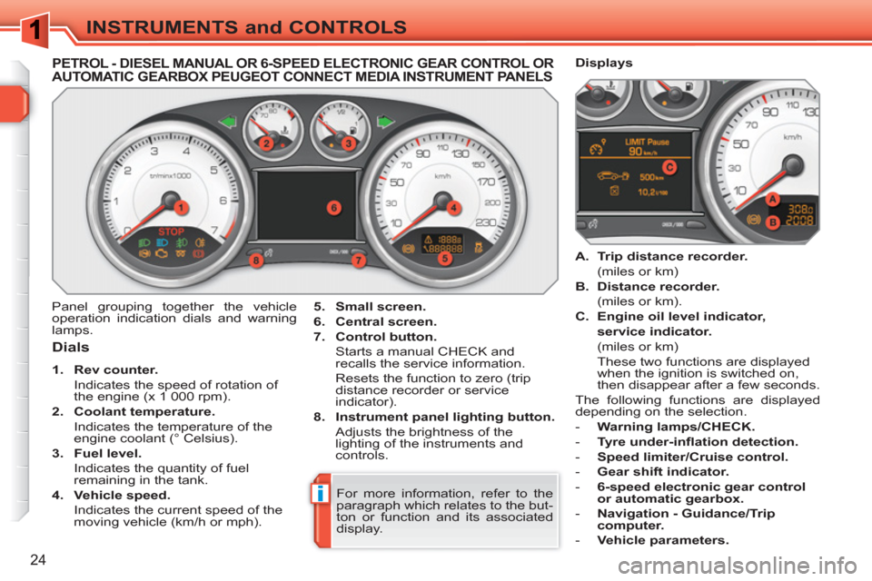 Peugeot 308 SW BL 2011  Owners Manual i
24
INSTRUMENTS and CONTROLS
   
 
 
 
 
 
 
 
 
 
 
 
PETROL - DIESEL MANUAL OR 6-SPEED ELECTRONIC GEAR CONTROL ORAUTOMATIC GEARBOX PEUGEOT CONNECT MEDIA INSTRUMENT PANELS
 
 
Dials 
 
 
 
1. 
  Rev