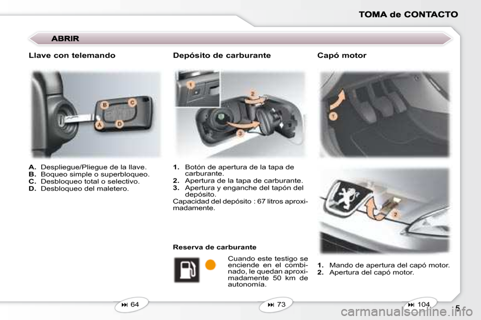 Peugeot 407 C 2008  Manual del propietario (in Spanish)    
A.    Despliegue/Pliegue de la llave. 
  
B.    Boqueo simple o superbloqueo. 
  
C.    Desbloqueo total o selectivo. 
  
D.    Desbloqueo del maletero.  
   
1.    Mando de apertura del capó mot