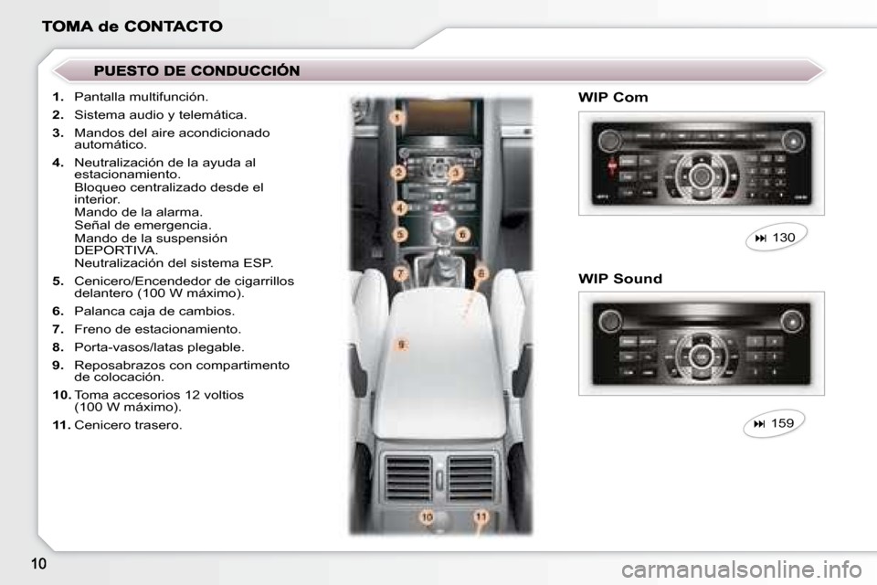 Peugeot 407 C 2008  Manual del propietario (in Spanish)    
1.    Pantalla multifunción. 
  
2.    Sistema audio y telemática. 
  
3.    Mandos del aire acondicionado 
automático. 
  
4.    Neutralización de la ayuda al 
estacionamiento.  
  Bloqueo ce