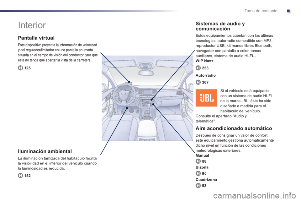 Peugeot 508 2014  Manual del propietario (in Spanish) .
7
Toma de contacto
 Interior  
  Iluminación  ambiental 
 La iluminación tamizada del habitáculo facilita la visibilidad en el interior del vehículo cuando la luminosidad es reducida.  
  Pantal