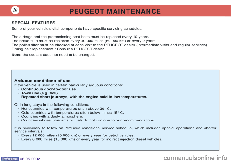 PEUGEOT 106 DAG 2001  Owners Manual P E U G E O T   M A I N T E N A N C E10
SPECIAL FEATURES 
Some of your vehicleÕs vital components have specific servicing schedules. The airbags and the pretensioning seat belts must be replaced ever