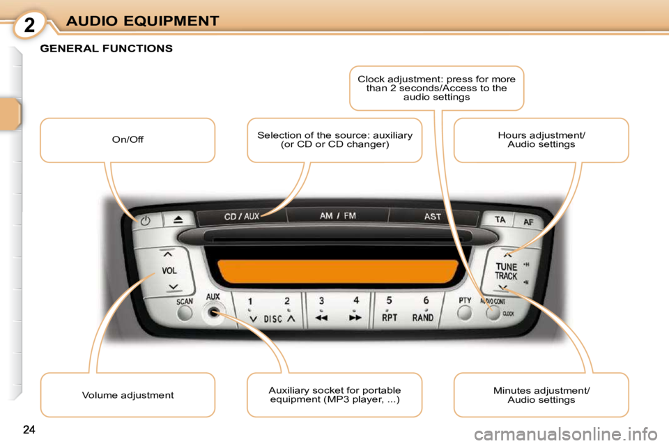 PEUGEOT 107 DAG 2010  Owners Manual 2
24
AUDIO EQUIPMENT
GENERAL FUNCTIONS 
 On/Off  Selection of the source: auxiliary 
(or CD or CD changer)   Clock adjustment: press for more 
than 2 seconds/Access to the  audio settings 
 Volume adj