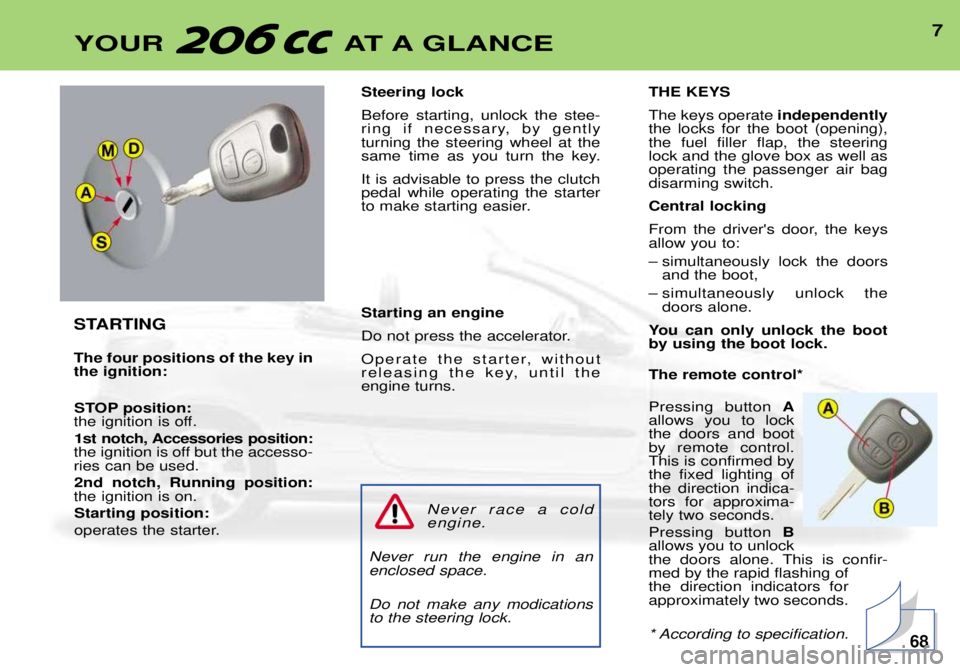 PEUGEOT 206 CC 2001  Owners Manual 7YOUR AT A GLANCE
STARTING The four positions of the key in the ignition:
STOP position: 
the ignition is off.
1st notch, Accessories position: 
the ignition is off but the accesso-ries can be used.
2