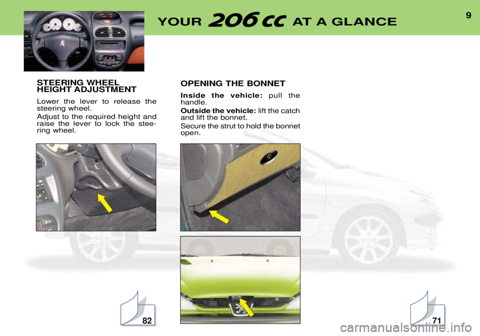 PEUGEOT 206 CC 2001  Owners Manual 9YOUR AT A GLANCE
STEERING WHEEL HEIGHT ADJUSTMENT Lower the lever to release the steering wheel. Adjust to the required height and raise the lever to lock the stee-ring wheel. OPENING THE BONNET Insi