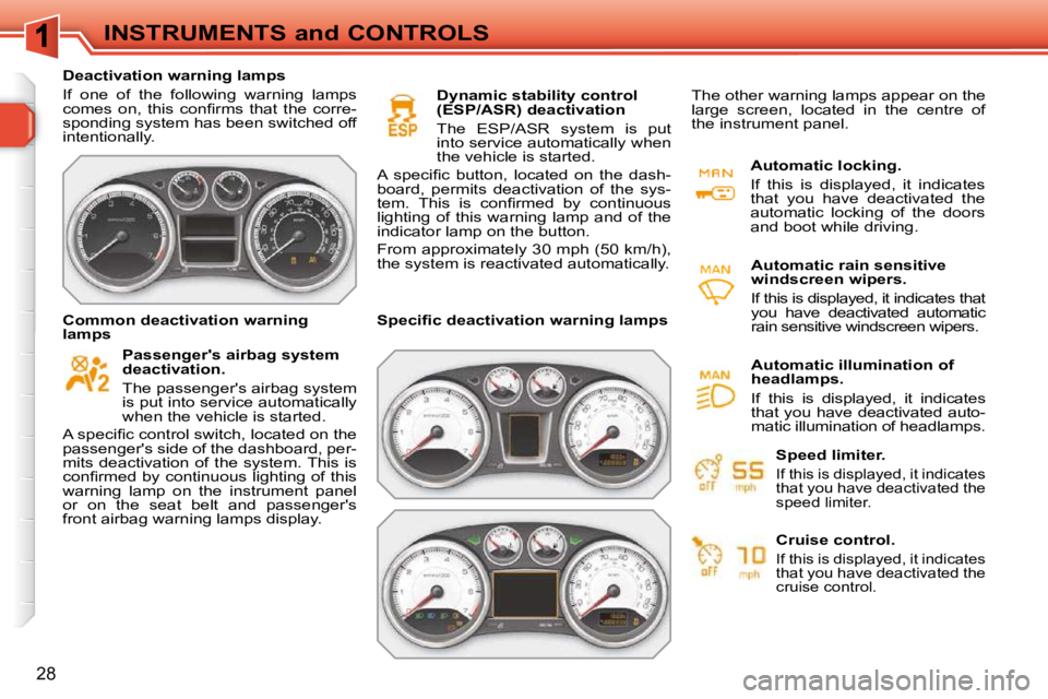 PEUGEOT 308 SW BL 2009  Owners Manual 28
INSTRUMENTS and CONTROLS
   Deactivation warning lamps  
 If  one  of  the  following  warning  lamps  
�c�o�m�e�s�  �o�n�,�  �t�h�i�s�  �c�o�n�ﬁ� �r�m�s�  �t�h�a�t�  �t�h�e�  �c�o�r�r�e�-
spondi