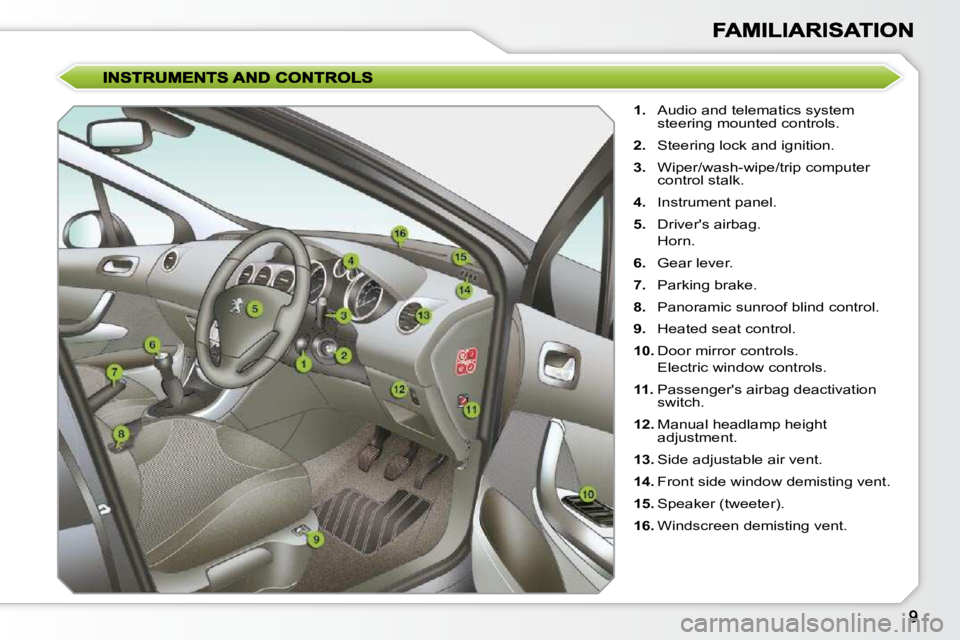 PEUGEOT 308 SW BL 2009  Owners Manual    
1.    Audio and telematics system 
steering mounted controls. 
  
2.    Steering lock and ignition. 
  
3.    Wiper/wash-wipe/trip computer 
control stalk. 
  
4.    Instrument panel. 
  
5.    Dr