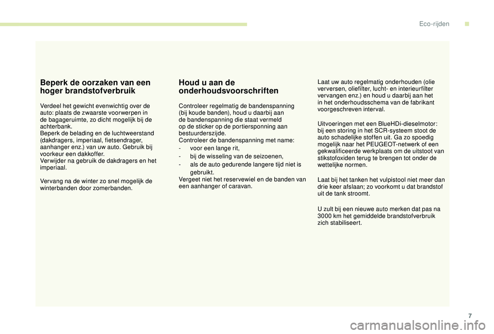 PEUGEOT 2008 2018  Instructieboekje (in Dutch) 7
Beperk de oorzaken van een 
hoger brandstofverbruik
Verdeel het gewicht evenwichtig over de 
auto: plaats de zwaarste voor werpen in 
de bagageruimte, zo dicht mogelijk bij de 
achterbank.
Beperk de