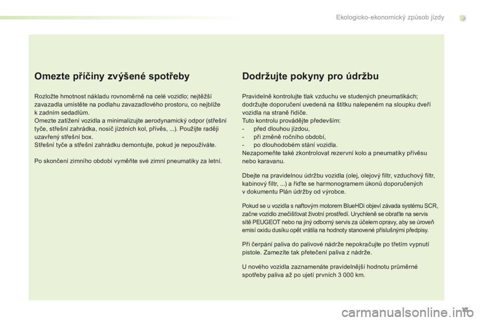 PEUGEOT 2008 2016  Návod na použití (in Czech) 13
2008_cs_Chap00c_eco-conduite_ed01-2016
Omezte příčiny zvýšené spotřeby
Rozložte hmotnost nákladu rovnoměrně na celé vozidlo; nejtěžší 
zavazadla umístěte na podlahu zavazadlového