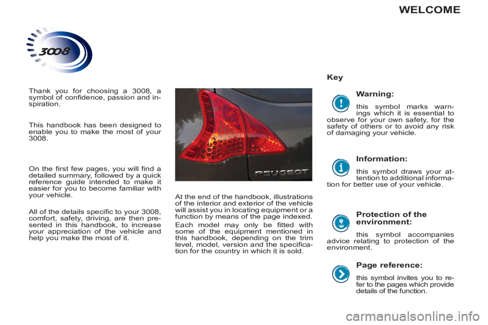 PEUGEOT 3008 2012  Owners Manual    
Page reference: 
 
this symbol invites you to re-
fer to the pages which provide 
details of the function.  
 
 
Key  
   
Protection of the 
environment: 
  this symbol accompanies 
  advice rela