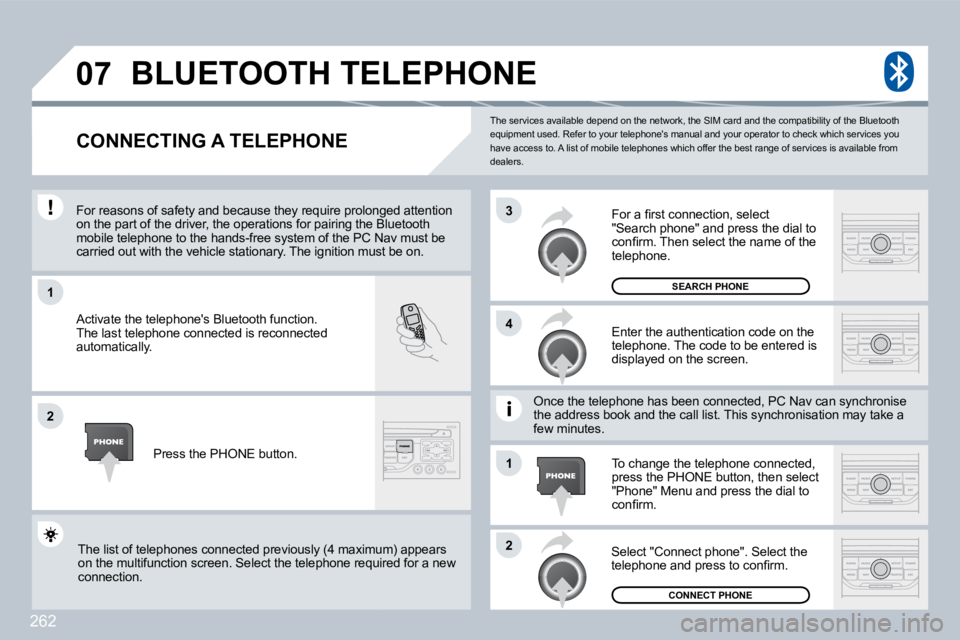 PEUGEOT 3008 2009.5.  Owners Manual 262
�0�7
1
4
3
2
1
2
 The services available depend on the network, the SIM card and the compatibility of the Bluetooth equipment used. Refer to your telephones manual an d your operator to check whi