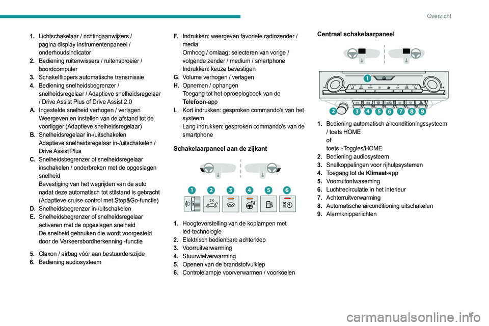 PEUGEOT 308 2023  Instructieboekje (in Dutch) 5
Overzicht
1.Lichtschakelaar / richtingaanwijzers / 
pagina display instrumentenpaneel / 
onderhoudsindicator 
2. Bediening ruitenwissers / ruitensproeier / 
boordcomputer
3. Schakelflippers automati