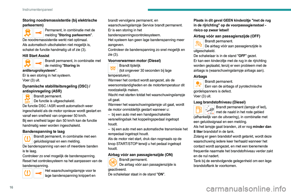 PEUGEOT EXPERT 2023  Instructieboekje (in Dutch) 16
Instrumentenpaneel
Storing noodremassistentie (bij elektrische 
parkeerrem)
Permanent, in combinatie met de melding "Storing parkeerrem".
De noodremassistentie werkt niet optimaal.
Als auto