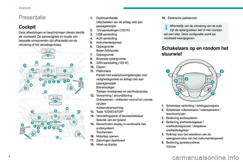 PEUGEOT EXPERT 2023  Instructieboekje (in Dutch) 4
Overzicht
Presentatie
Cockpit
Deze afbeeldingen en beschrijvingen dienen slechts 
als voorbeeld. De aanwezigheid en locatie van 
bepaalde componenten zijn afhankelijk van de 
uitvoering of het uitru