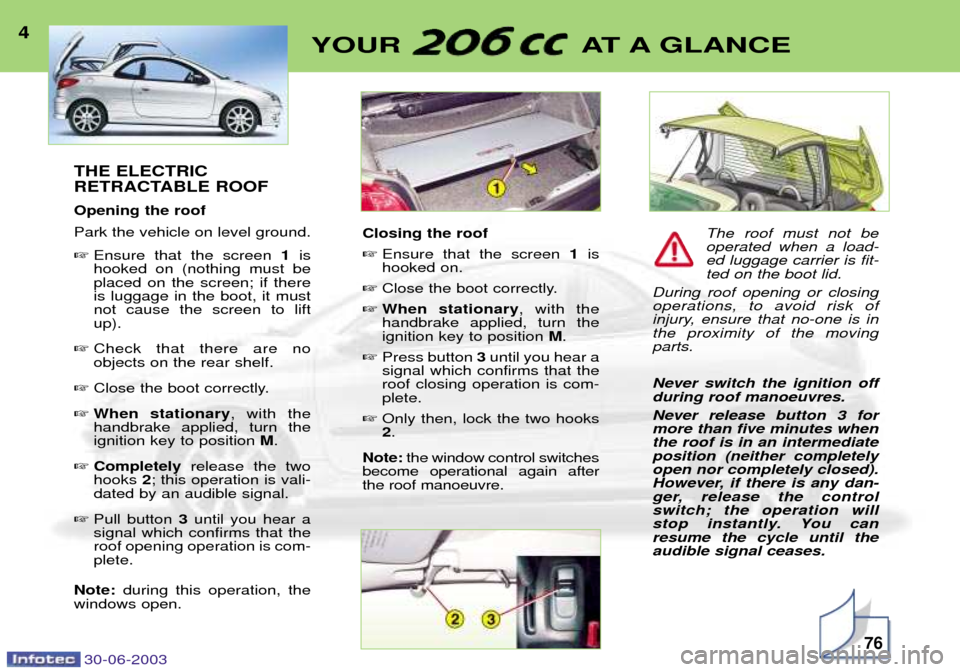 Peugeot 206 CC 2003  Owners Manual 30-06-200376
YOUR AT A GLANCE4
THE ELECTRIC 
RETRACTABLE ROOF Opening the roof Park the vehicle on level ground. Ensure that the screen  1is
hooked on (nothing must be placed on the screen; if therei