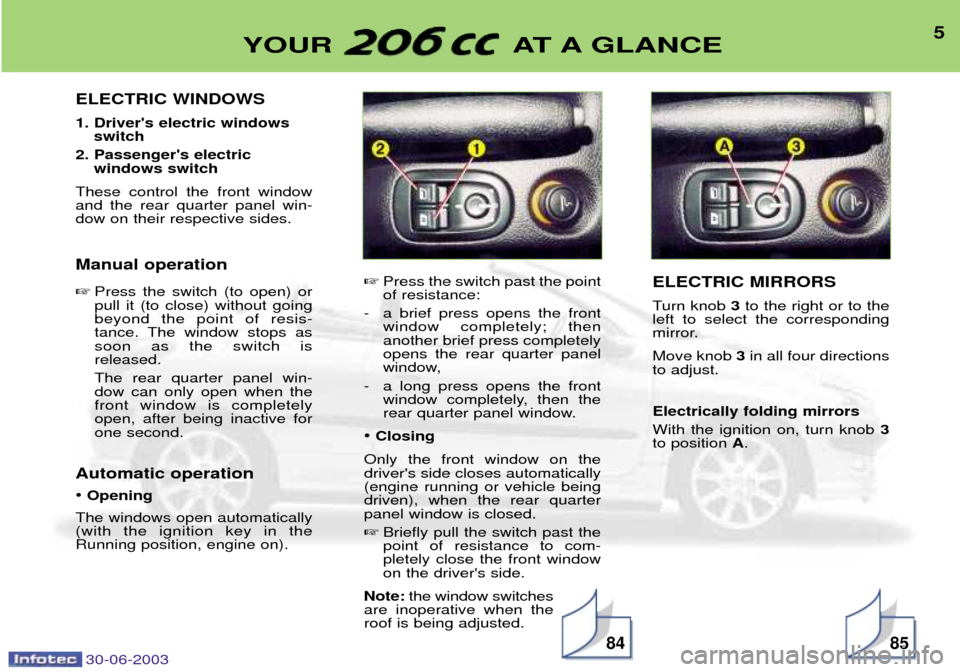Peugeot 206 CC 2003  Owners Manual 30-06-20038584
5YOUR AT A GLANCE
ELECTRIC WINDOWS 
1. Drivers electric windows
switch
2. Passengers electric  windows switch
These control the front window and the rear quarter panel win-dow on thei