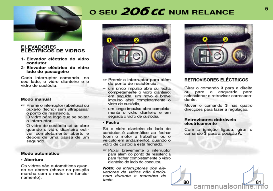 Peugeot 206 CC 2001.5  Manual do proprietário (in Portuguese) 5O SEU  NUM RELANCE
ELEVADORES ELƒCTRICOS DE VIDROS 
1- Elevador elŽctrico do vidrocondutor
2- Elevador elŽctrico do vidro lado do passageiro
Cada interruptor comanda, no seu lado, o vidro dianteir