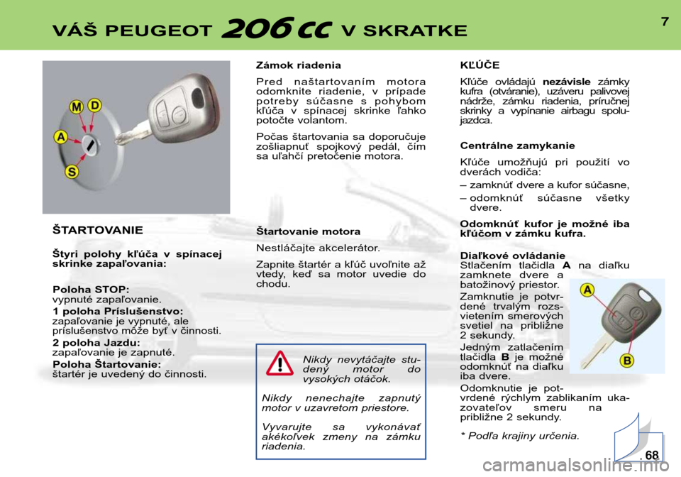 Peugeot 206 CC 2001.5  Užívateľská príručka (in Slovak) 7VÁŠ PEUGEOT  V SKRATKE
ŠTARTOVANIE 
Štyri  polohy  kľúča  v  spínacej 
skrinke zapaľovania:Poloha STOP:
vypnuté zapaľovanie.
1 poloha Príslušenstvo:
zapaľovanie je vypnuté, ale 
prísl