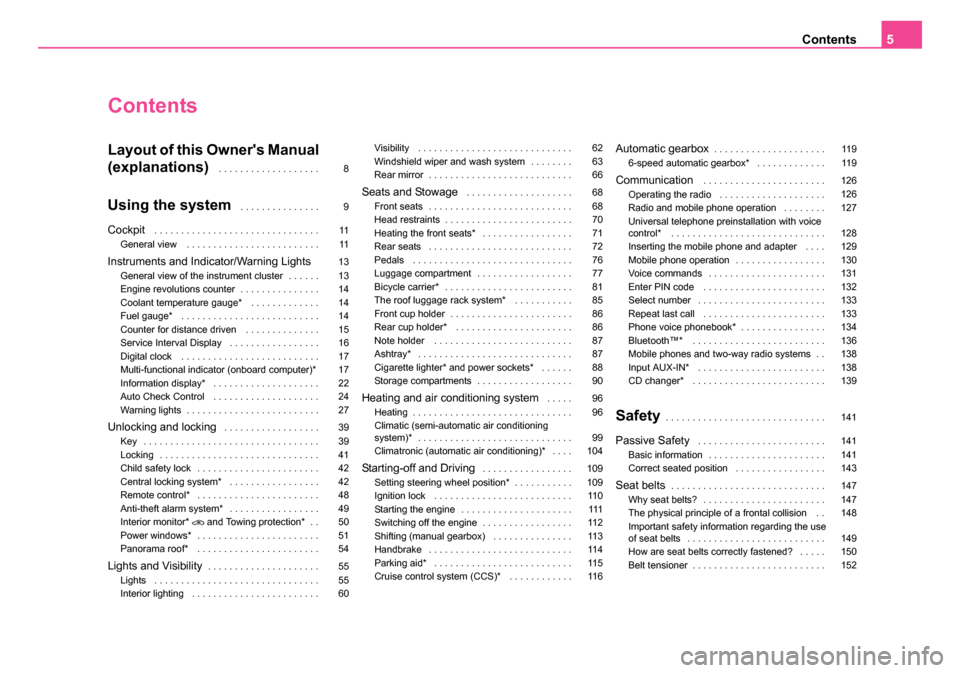 SKODA ROOMSTER 2006 1.G Owners Manual 
Contents5
Contents
Layout of this Owners Manual 
(explanations)
 . . . . . . . . . . . . . . . . . . .
Using the system . . . . . . . . . . . . . . .
Cockpit . . . . . . . . . . . . . . . . . . . . 