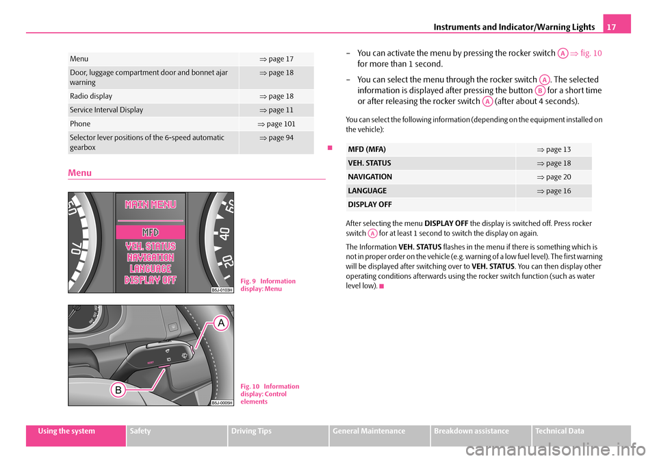 SKODA FABIA 2007 1.G / 6Y Owners Manual Instruments and Indicator/Warning Lights17
Using the systemSafetyDriving TipsGeneral MaintenanceBreakdown assistanceTechnical Data
Menu
– You can activate the menu by pressing the rocker switch   �