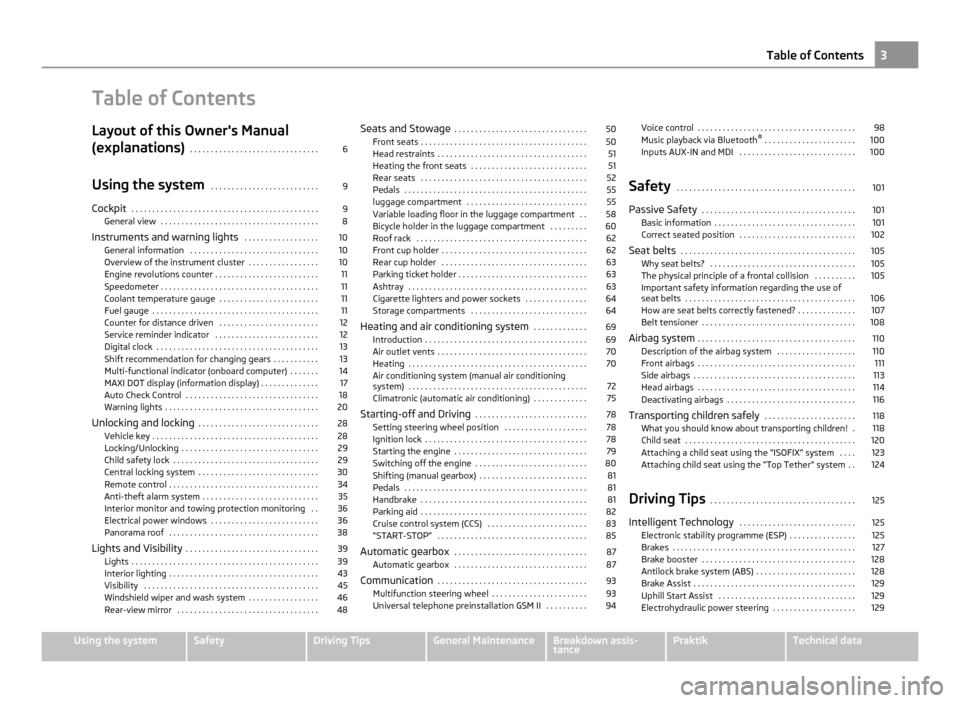 SKODA ROOMSTER 2011 1.G Owners Manual Table of Contents
Layout of this Owners Manual
(explanations)
 . . . . . . . . . . . . . . . . . . . . . . . . . . . . . . . 6
Using the system  . . . . . . . . . . . . . . . . . . . . . . . . . . 9
