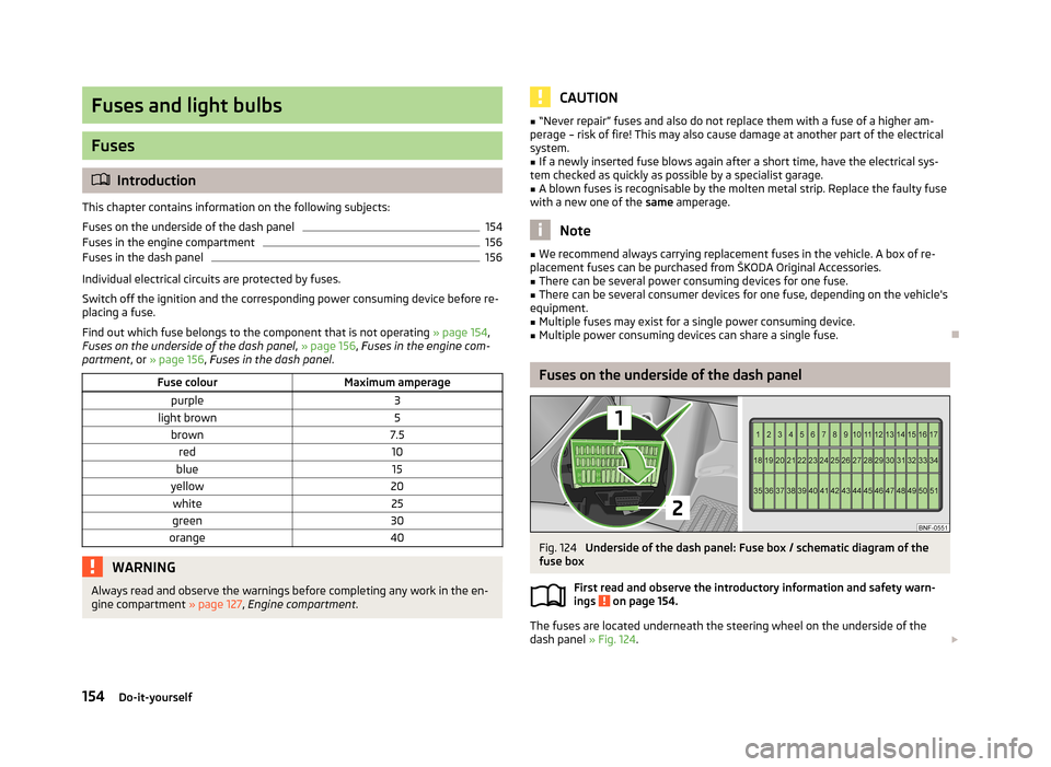 SKODA CITIGO 2013 1.G Owners Manual Fuses and light bulbs
Fuses
Introduction
This chapter contains information on the following subjects:
Fuses on the underside of the dash panel
154
Fuses in the engine compartment
156
Fuses in the d
