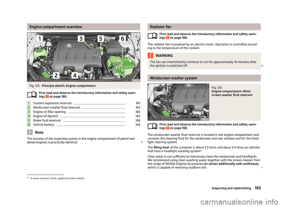 SKODA FABIA 2013 2.G / 5J Owners Manual Engine compartment overviewFig. 125 
Principle sketch: Engine compartment
First read and observe the introductory information and safety warn- ings 
 on page 160.
Coolant expansion reservoir
167
Winds