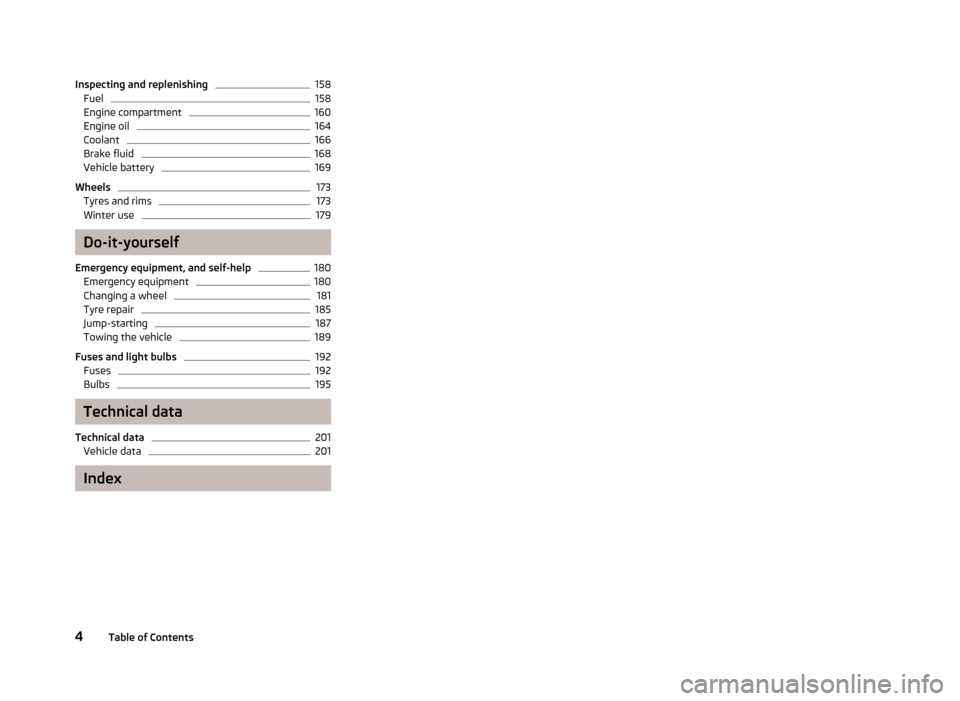 SKODA FABIA 2013 2.G / 5J Owners Manual Inspecting and replenishing158Fuel158
Engine compartment
160
Engine oil
164
Coolant
166
Brake fluid
168
Vehicle battery
169
Wheels
173
Tyres and rims
173
Winter use
179
Do-it-yourself
Emergency equipm