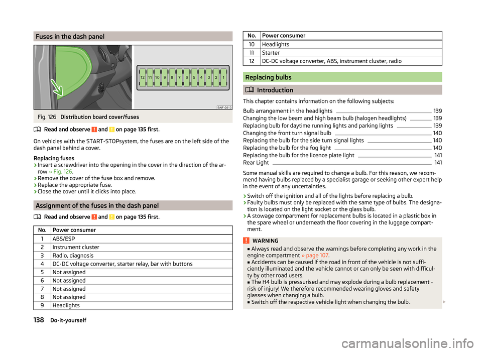 SKODA CITIGO 2014 1.G Owners Manual Fuses in the dash panelFig. 126 
Distribution board cover/fuses
Read and observe 
 and  on page 135 first.
On vehicles with the START-STOPsystem, the fuses are on the left side of the
dash panel behin