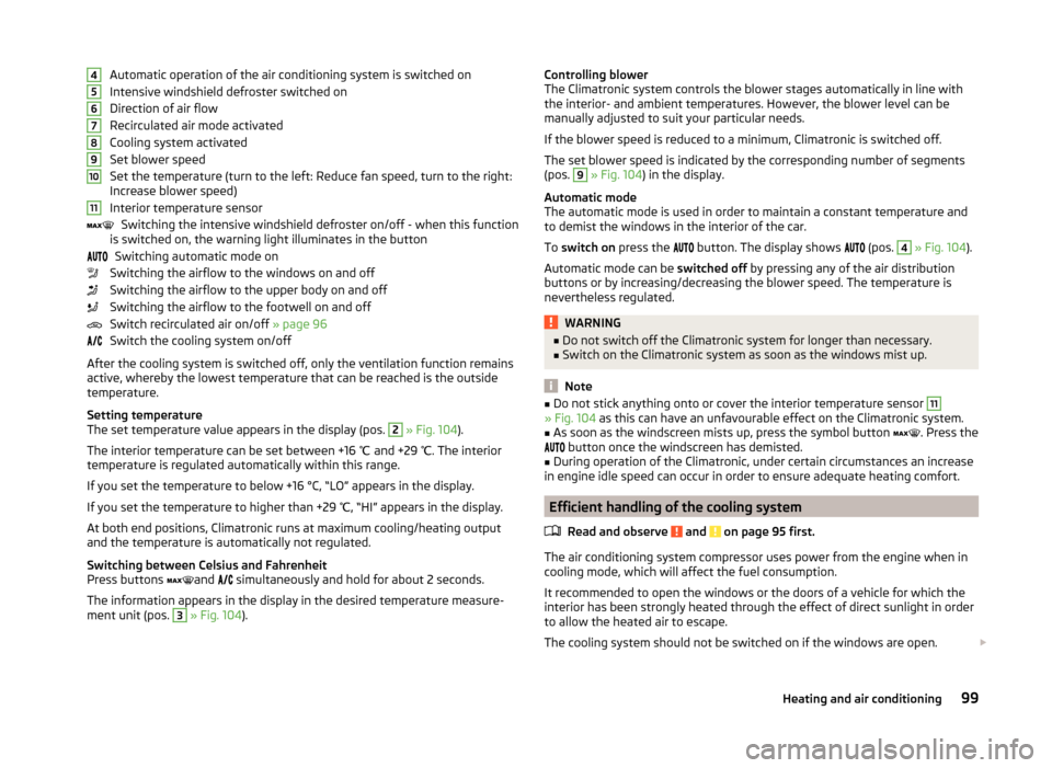 SKODA FABIA 2014 3.G / NJ Owners Manual Automatic operation of the air conditioning system is switched on
Intensive windshield defroster switched on
Direction of air flow
Recirculated air mode activated
Cooling system activated
Set blower s