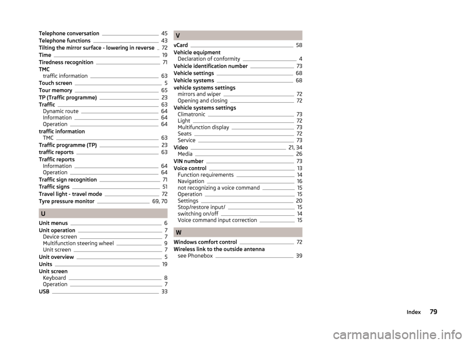 SKODA OCTAVIA 2014 3.G / (5E) Columbus Infotinment Navigation System Manual Telephone conversation45
Telephone functions43
Tilting the mirror surface - lowering in reverse72
Time19
Tiredness recognition71
TMC traffic information
63
Touch screen5
Tour memory65
TP (Traffic prog