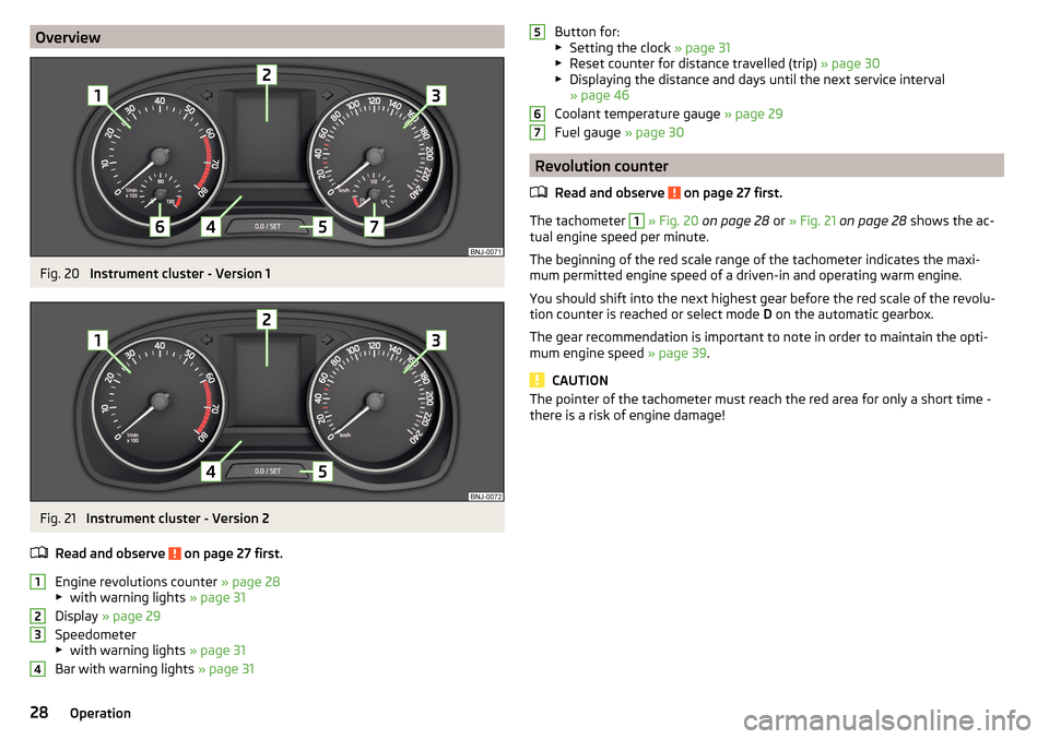SKODA FABIA 2015 3.G / NJ Owners Manual OverviewFig. 20 
Instrument cluster - Version 1
Fig. 21 
Instrument cluster - Version 2
Read and observe 
 on page 27 first.
Engine revolutions counter  » page 28
▶ with warning lights  » page 31
