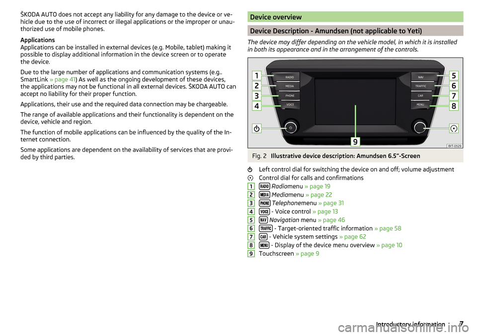 SKODA YETI 2016 1.G / 5L Amundsen Bolero Infotainment System Navigation Manual ŠKODA AUTO does not accept any liability for any damage to the device or ve-
hicle due to the use of incorrect or illegal applications or the improper or unau-
thorized use of mobile phones.
Applicat