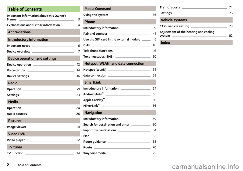 SKODA OCTAVIA 2016 3.G / (5E) Columbus Amundsen Bolero Infotainment System Navigation Manual Table of Contents
Important information about this Owners
Manual3
Explanations and further information
4
Abbreviations
Introductory information
Important notes
6
Device overview
7
Device operation an
