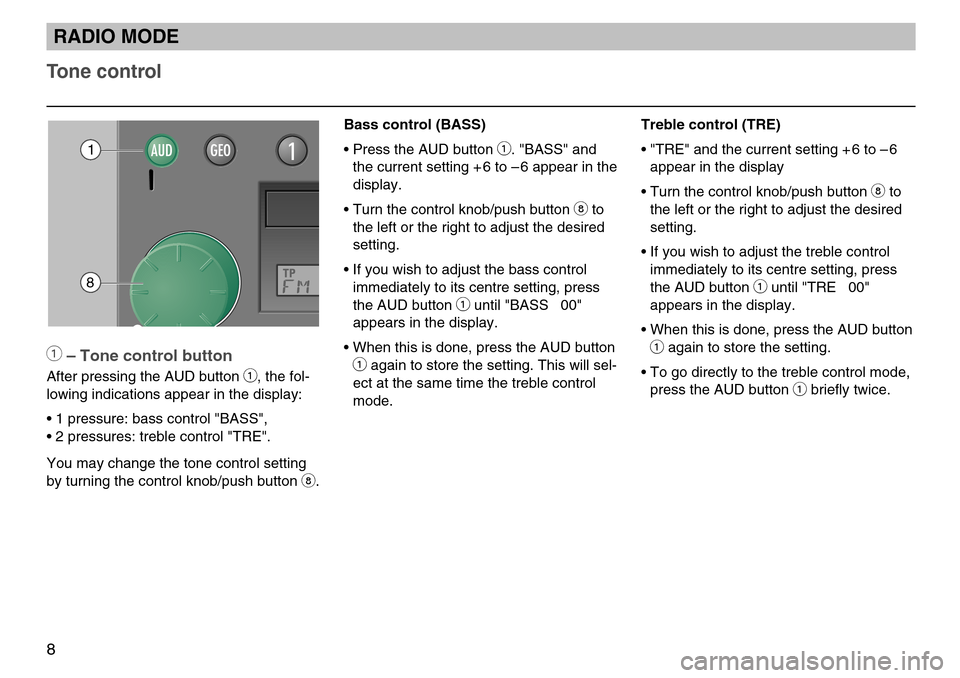 SKODA FABIA 2004 1.G / 6Y MS402 Car Radio Manual 8
Tone control
Treble control (TRE)
• "TRE" and the current setting + 6 to – 6appear in the display
• Turn the control knob/push button 
8to
the left or the right to adjust the desired
setting.
