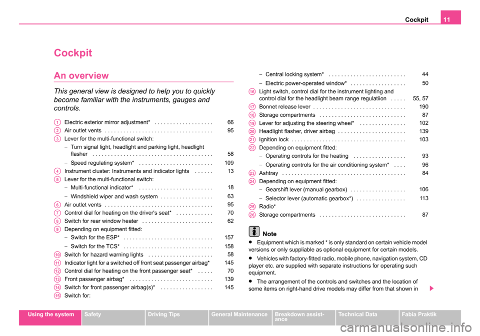 SKODA FABIA 2005 1.G / 6Y Owners Manual Cockpit11
Using the systemSafetyDriving TipsGeneral MaintenanceBreakdown assist-
anceTechnical DataFabia Praktik
Cockpit
An overview
This general view is designed to help you to quickly 
become famili