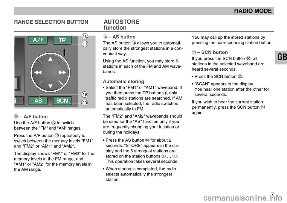 SKODA SUPERB 2005 1.G / (B5/3U) SymphonyTape Car Radio Manual GB
ßZ– AS button
The AS button ßZallows you to automati-
cally store the strongest stations in a con-
venient way.
Using the AS function, you may store 6
stations in each of the FM and AM wave-
ba