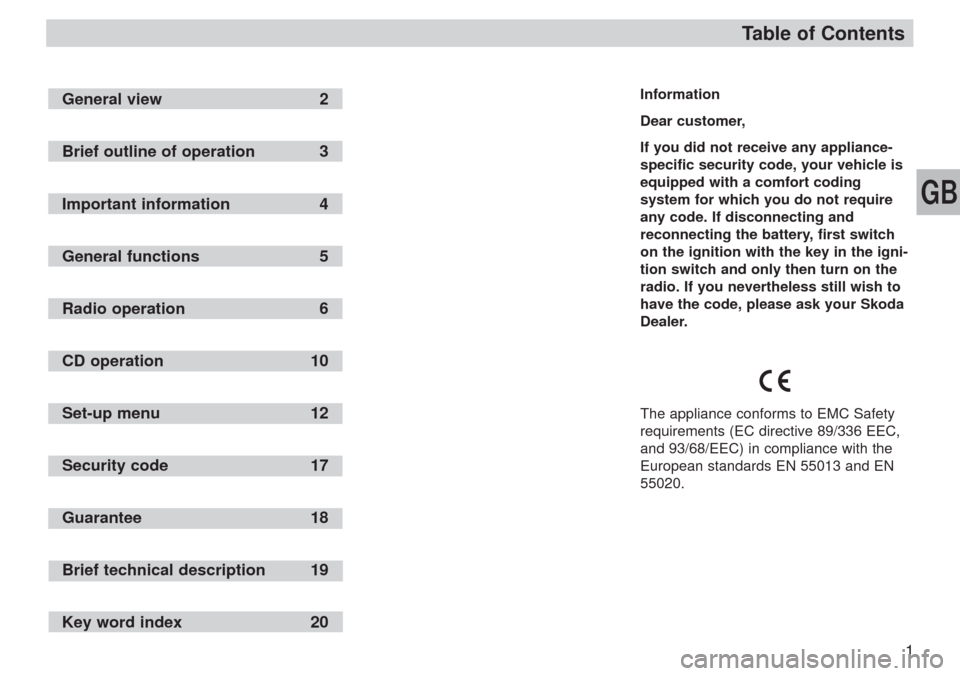 SKODA SUPERB 2007 1.G / (B5/3U) SymphonyCD Car Radio Manual GB
1
Table of Contents
Information
Dear customer,
If you did not receive any appliance-
specific security code, your vehicle is
equipped with a comfort coding
system for which you do not require
any c