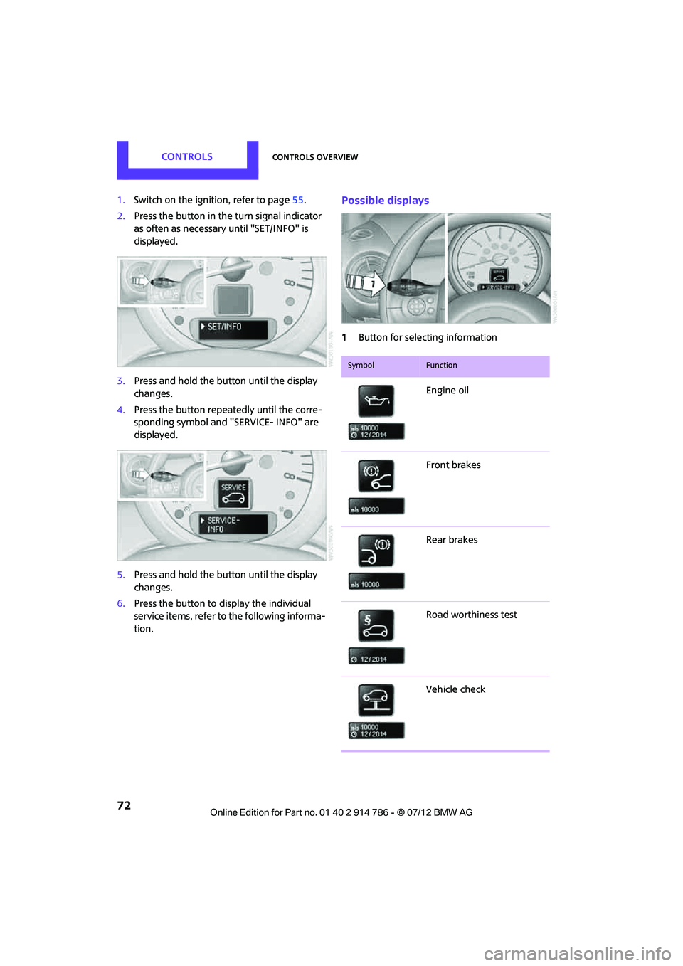 MINI COOPER CONVERTIBLE 2012  Owners Manual CONTROLSControls overview
72
1.Switch on the ignition, refer to page 55.
2. Press the button in the turn signal indicator 
as often as necessary until "SET/INFO" is 
displayed.
3. Press and hold the b