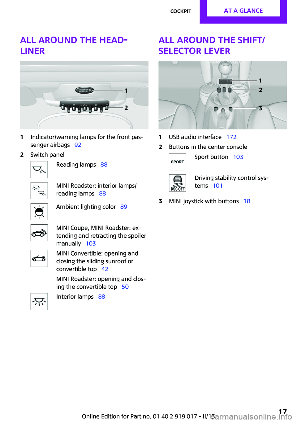 MINI COOPER CONVERTIBLE 2013  Owners Manual All around the head‐
liner1Indicator/warning lamps for the front pas‐
senger airbags   922Switch panelReading lamps   88MINI Roadster: interior lamps/
reading lamps   88Ambient lightin