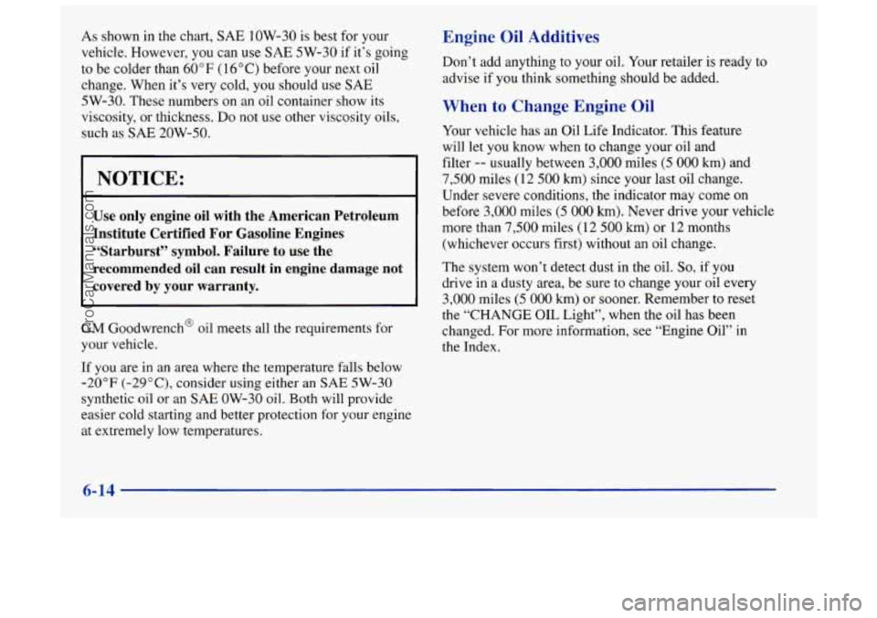 OLDSMOBILE INTRIGUE 1998  Owners Manual As shown in the chart, SAE low-30 is best for your 
vehicle. However,  you can use 
SAE 5W-30  if  it’s going 
to  be  colder  than 
60°F (1 6°C) before your next oil 
change.  When it’s very co