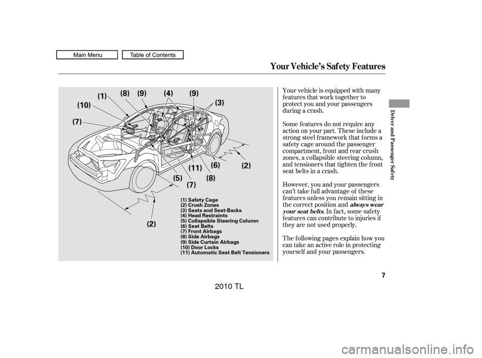 Acura TL 2010  Owners Manual Your vehicle is equipped with many
features that work together to
protect you and your passengers
during a crash.
However, you and your passengers
can’t take f ull advantage of these
f eatures unles