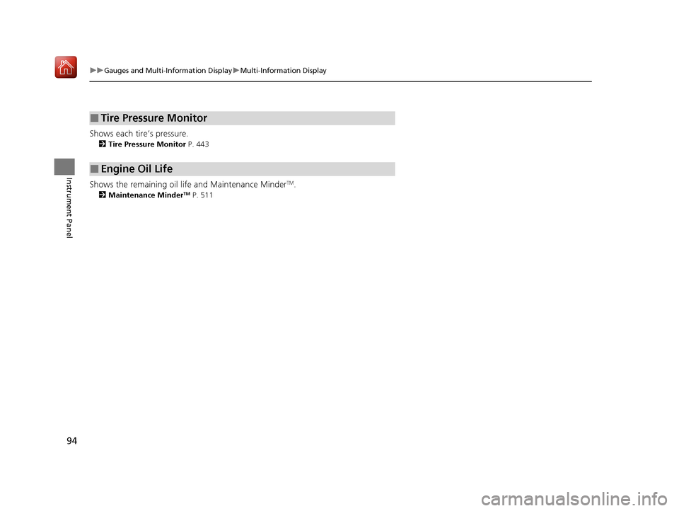 Acura ILX 2020  Owners Manual 94
uuGauges and Multi-Information Display uMulti-Information Display
Instrument Panel
Shows each tire’s pressure.
2 Tire Pressure Monitor  P. 443
Shows the remaining oil life and Maintenance MinderT