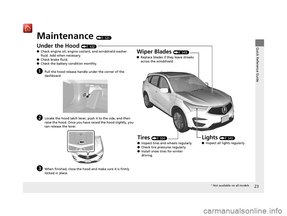 Acura RDX 2019  Owners Manual 23
Quick Reference Guide
Maintenance (P 521)
Under the Hood (P 532)
● Check engine oil, engine coolant, and windshield washer 
fluid. Add when necessary.
● Check brake fluid.
● Check the battery