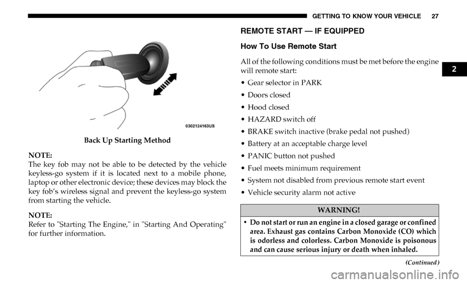Ram 3500 2019  Owners Manual GETTING TO KNOW YOUR VEHICLE 27
(Continued)
Back Up Starting Method
NOTE:
The  key  fob  may  not  be  able  to  be  detected  by  the  vehicle
keyless-go  system  if  it  is  located  next  to  a  mo