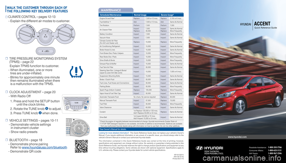 Hyundai Accent 2017  Quick Reference Guide MENUPH O NERADIO  ME DIA
CA T
Scheduled MaintenanceNormal UsageSevere Usage*
Engine Oil and Filter*Replace7,500 or 12 mos.Replace3,750 or 6 mos.
Fuel Additive *1Add7,500 or 12 mos.AddSame As Normal
Ti