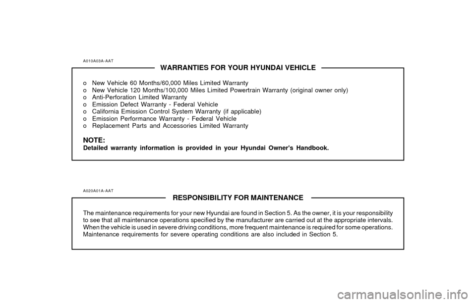Hyundai Accent 2004  Owners Manual A010A03A-AATWARRANTIES FOR YOUR HYUNDAI VEHICLE
o New Vehicle 60 Months/60,000 Miles Limited Warranty
o New Vehicle 120 Months/100,000 Miles Limited Powertrain Warranty (original owner only)
o Anti-Pe