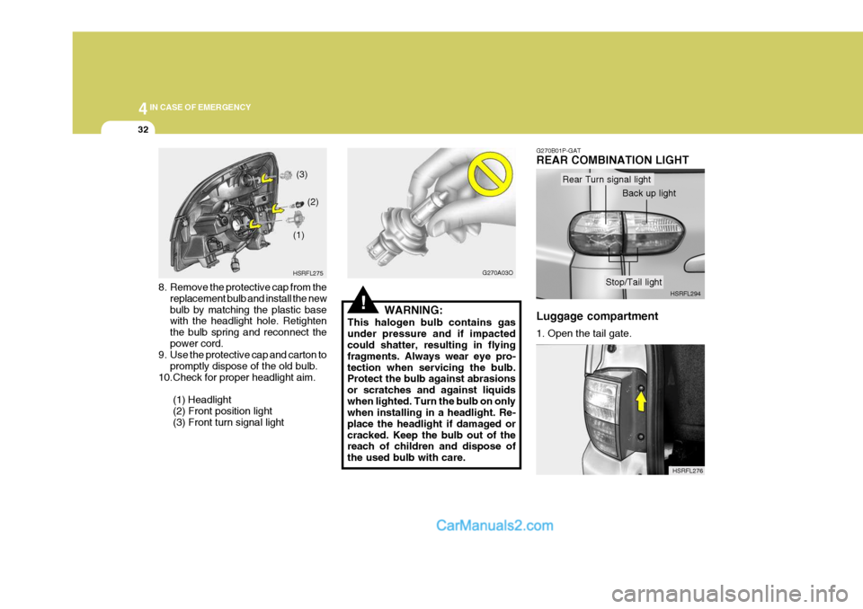 Hyundai H-1 (Grand Starex) 2005  Owners Manual 44IN CASE OF EMERGENCY
32
8. Remove the protective cap from the
replacement bulb and install the new bulb by matching the plastic base with the headlight hole. Retighten the bulb spring and reconnect 