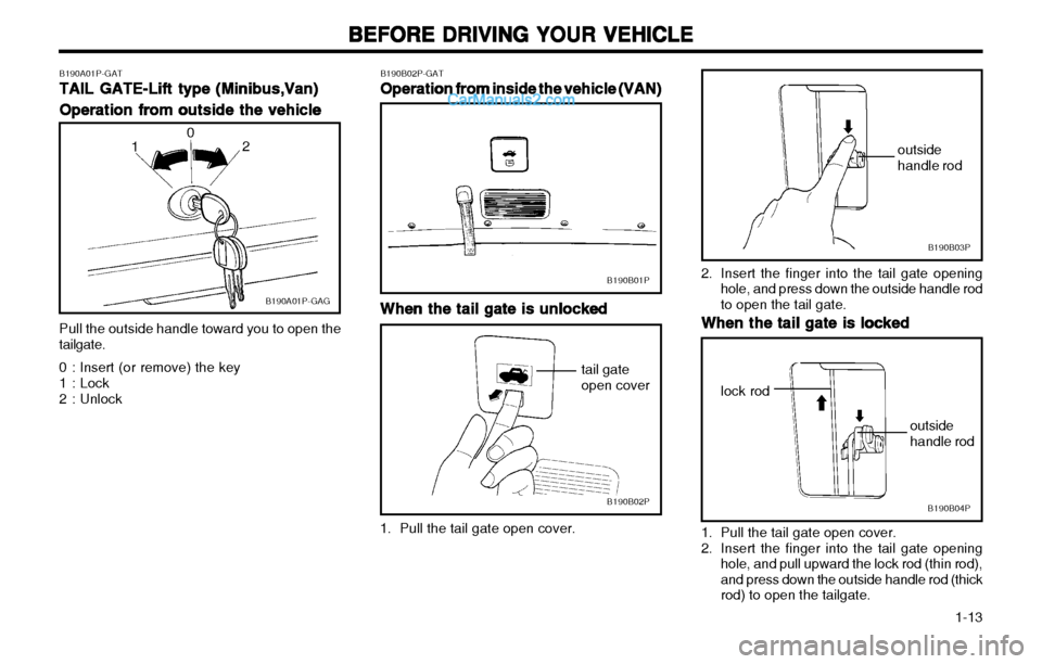 Hyundai H-1 (Grand Starex) 2003  Owners Manual   1-13
BEFORE DRIVING YOUR VEHICLE
BEFORE DRIVING YOUR VEHICLE BEFORE DRIVING YOUR VEHICLE
BEFORE DRIVING YOUR VEHICLE
BEFORE DRIVING YOUR VEHICLE
B190B03P
B190B04P
2. Insert the finger into the tail 